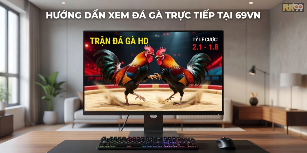 Minh họa khái niệm xem đá gà trực tiếp trên nền tảng 69vn với giao diện hiện đại và hình ảnh sắc nét